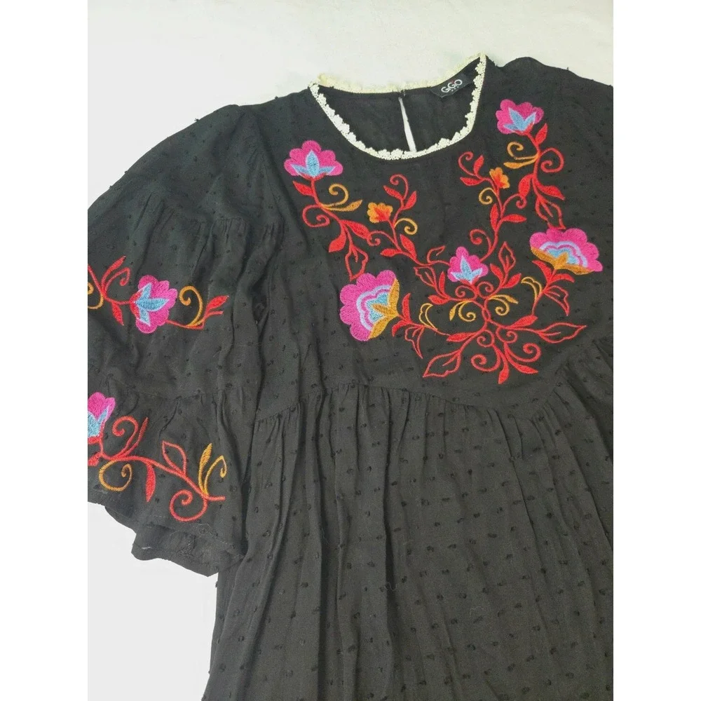 Black Floral Embroidered Babydoll Dress Bell Sz L Basque Waist Bell Sleeve Boho